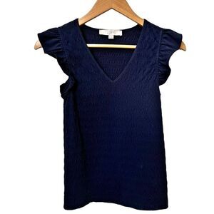LOFT Short Sleeve Flutter Sleeve Navy Blue Ruched V-Neck Top Shirt. XS. NWOT.